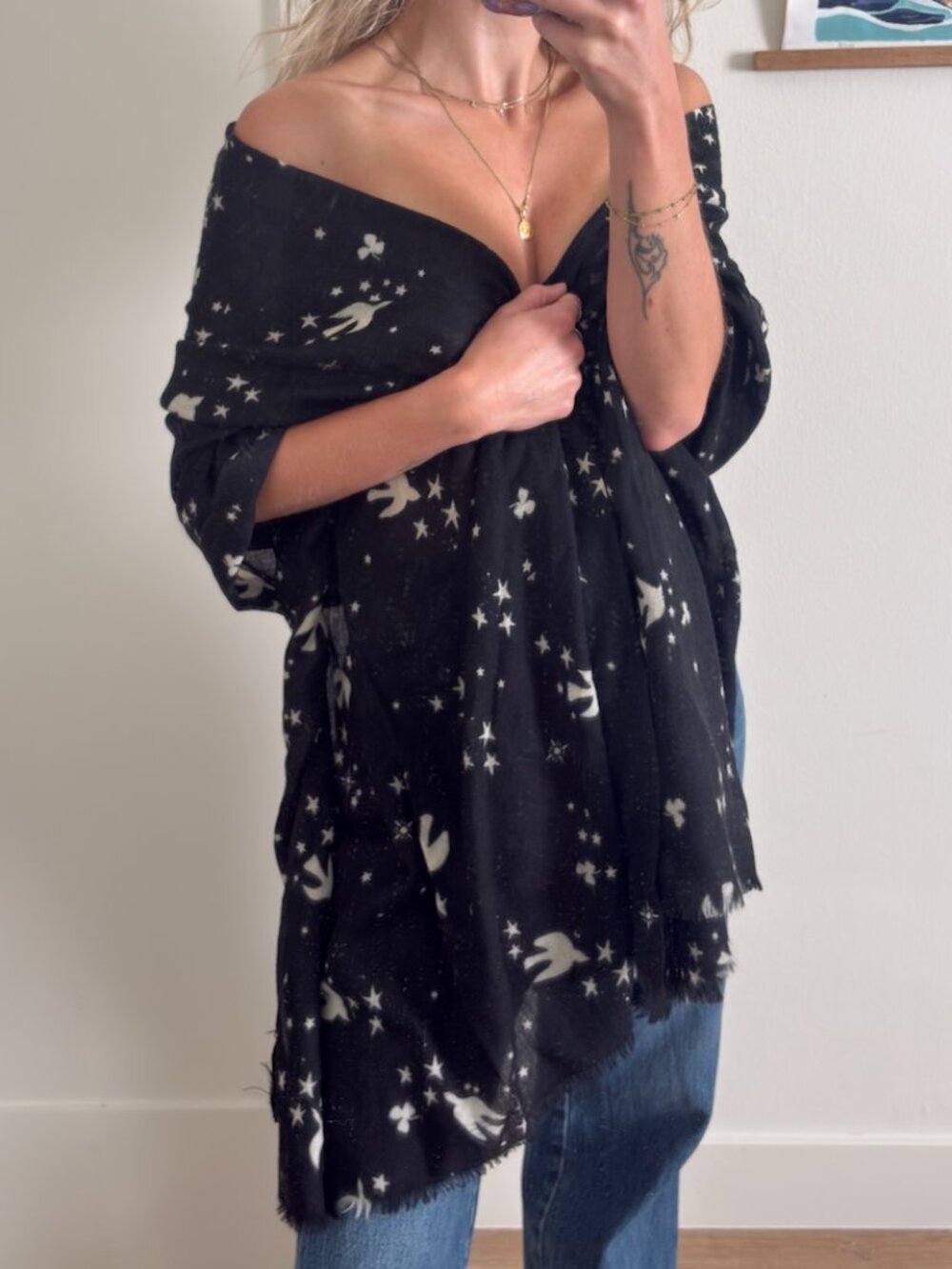 Celestial Black Star Print Scarf Shawl Soft Lightweight Wrap